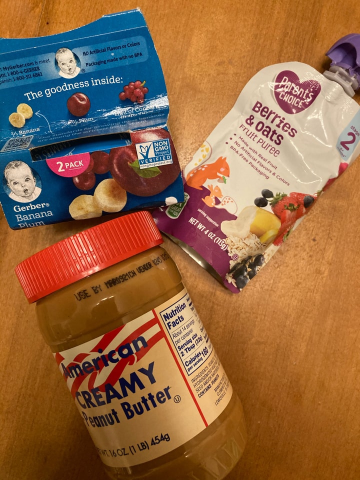 Peanut butter and 2 packets of baby food OLIO