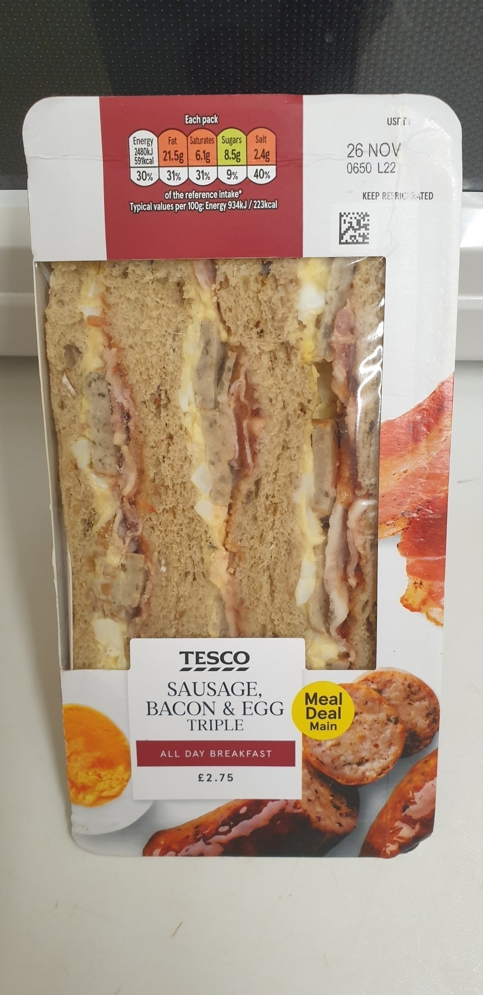 Sausage, bacon and egg triple sandwich OLIO