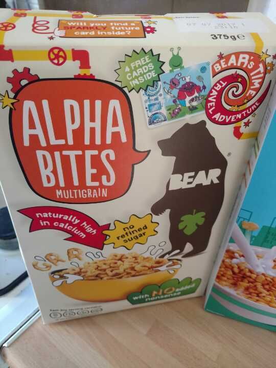 Bear Alpha bites cereal just over half a box, bbf 07/17 OLIO
