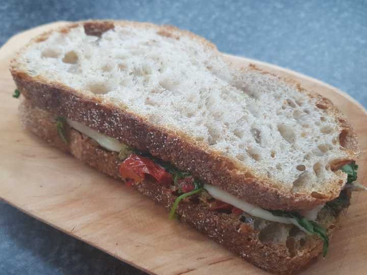Cheese, pesto, sundry tomato sandwich OLIO