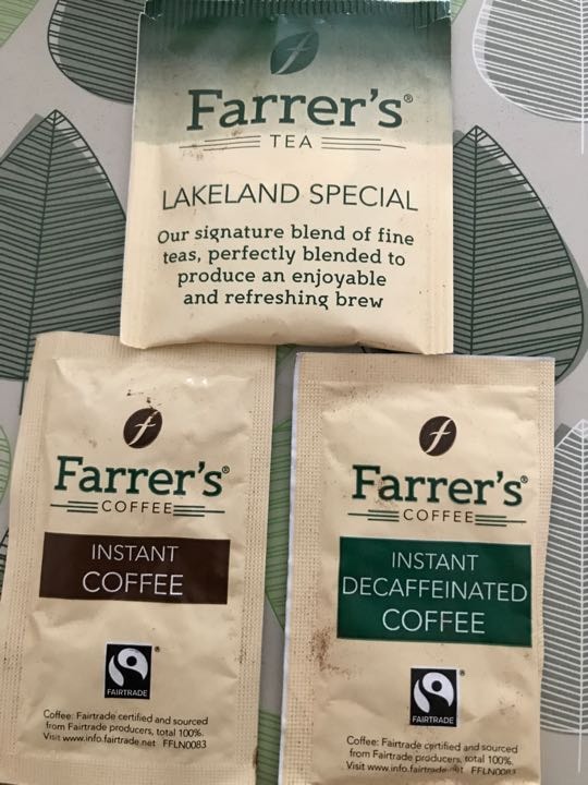tea, coffee, decafinated coffee Farrers Lakeland special (1 sachet of